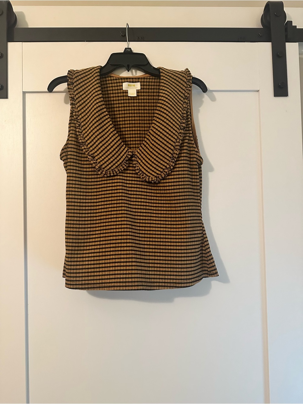 Anthropologie Maeve Brown and Black checkwd Ruffled-Collar Sleeveless Top